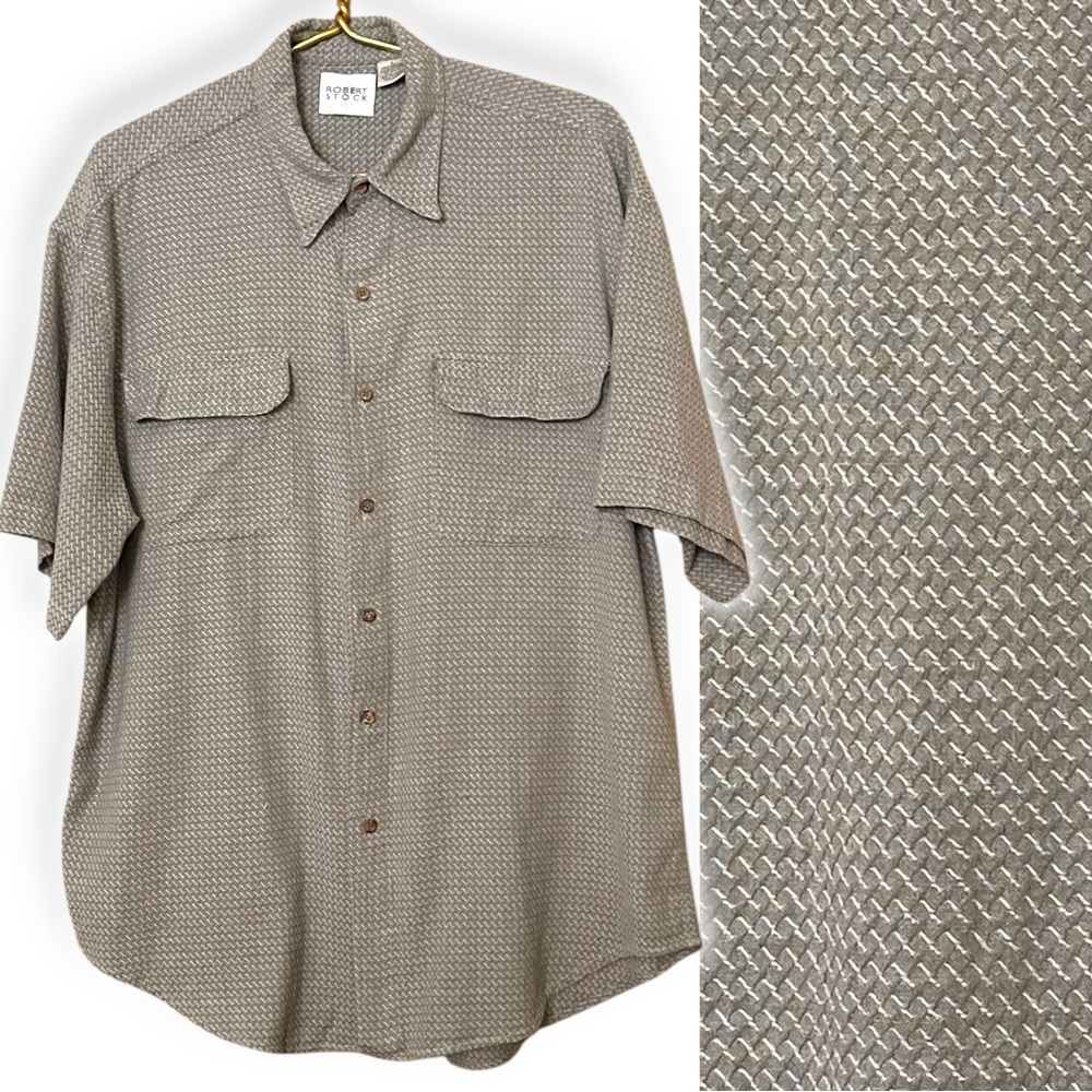 Robert Stock Sage Green Cream Weave Flap Front Pocket Short Sleeve Shirt